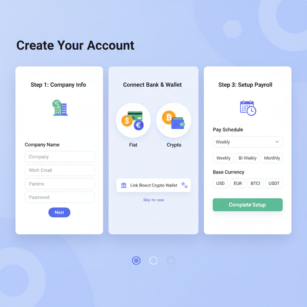 Professional dashboard signup for crypto payroll platform, clean UI, fiat and crypto icons