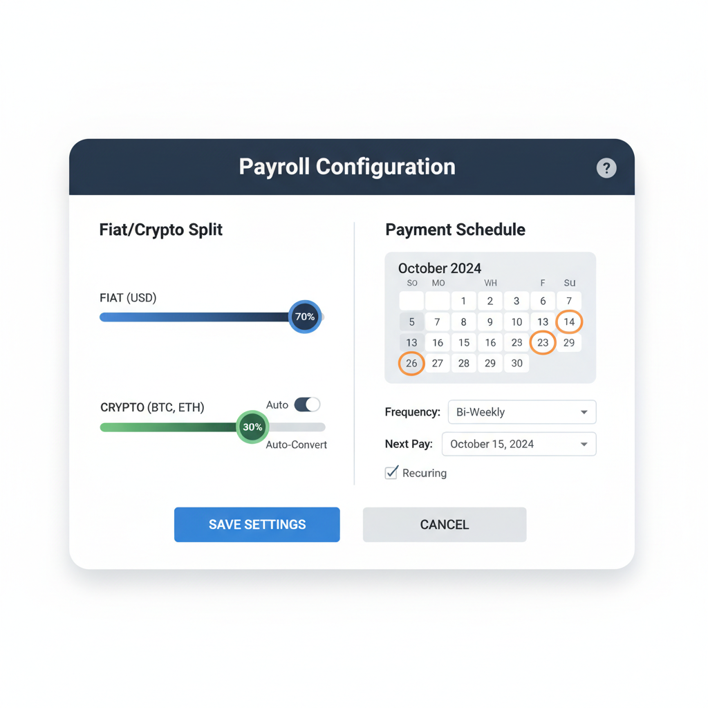 Payroll configuration panel, sliders for fiat-crypto splits, calendar scheduling