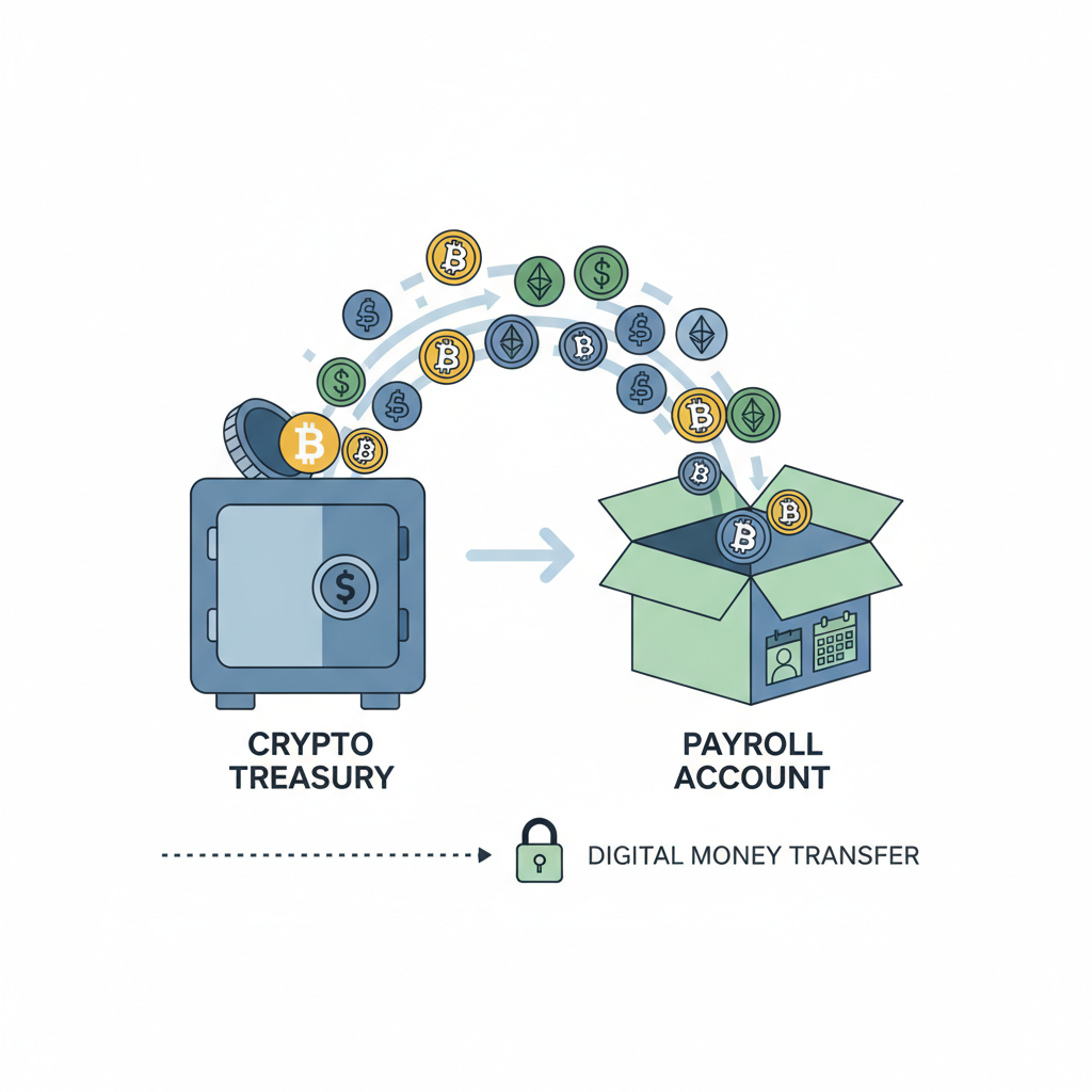 Crypto treasury funding payroll account, coins flowing into vault, digital money transfer