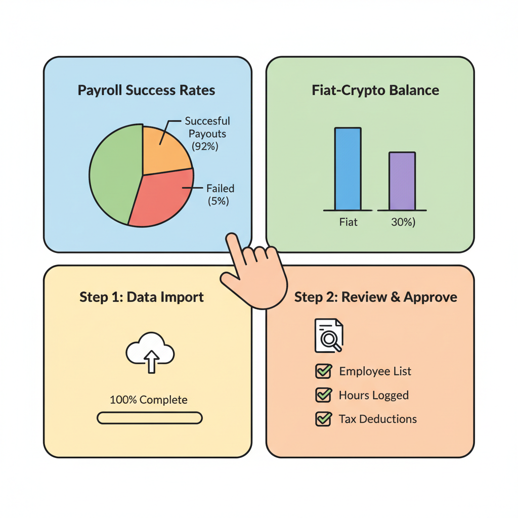 Analytics dashboard for payroll metrics, charts showing success rates, fiat-crypto balance