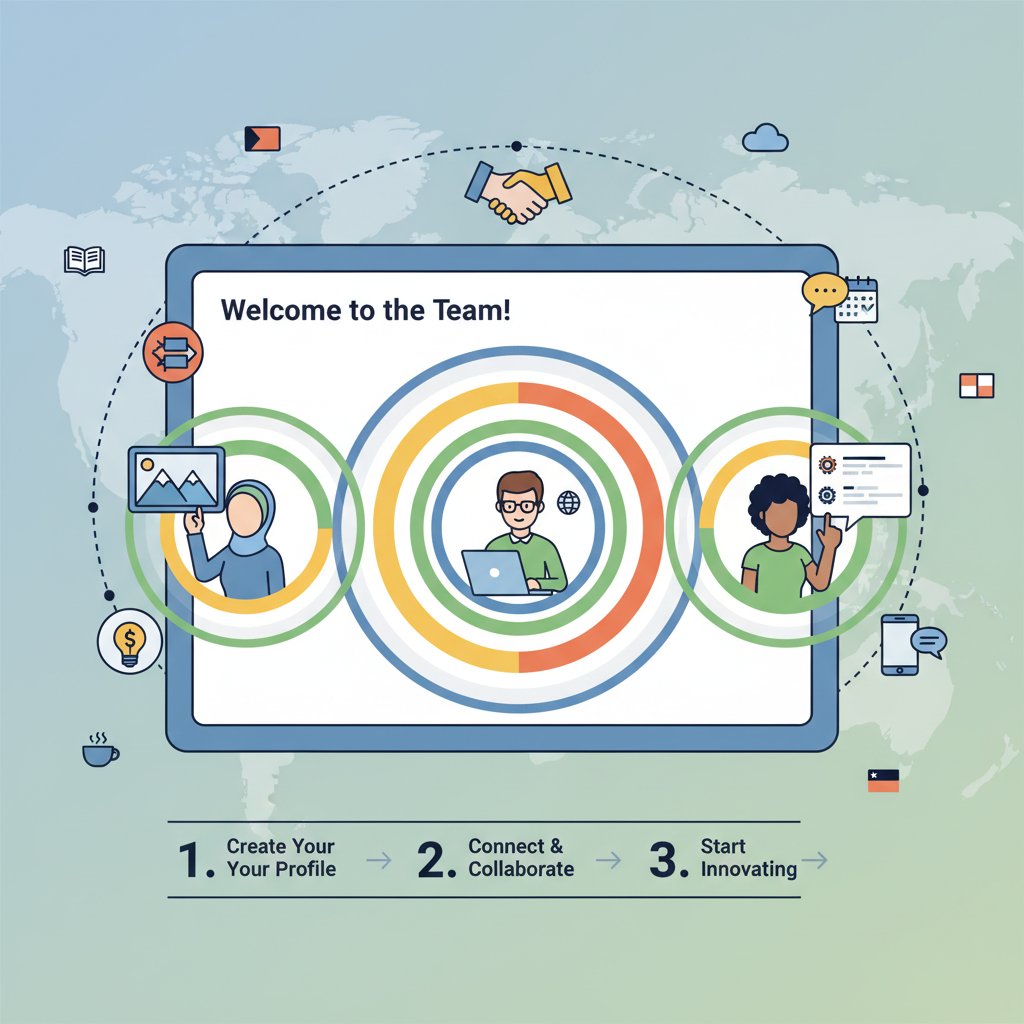 Team onboarding interface, diverse global contributors adding profiles, collaborative vibe