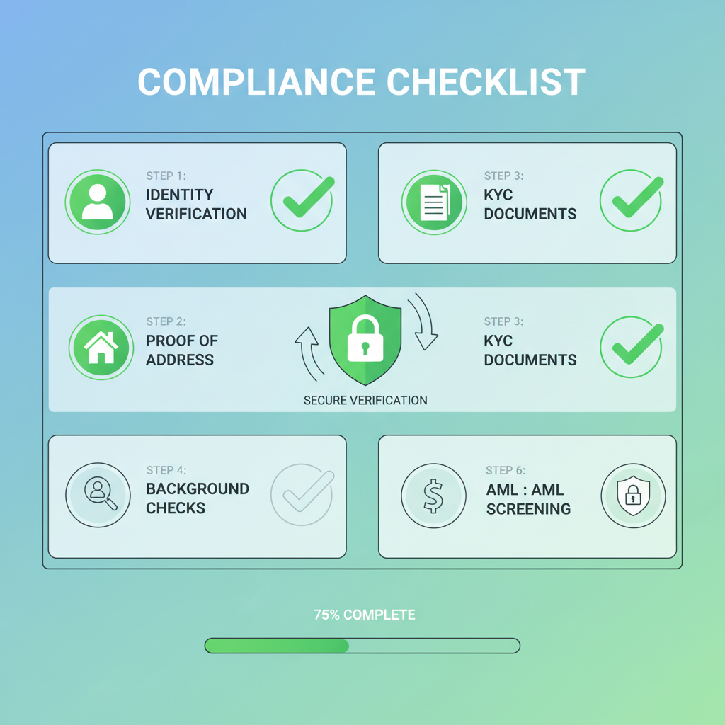 Compliance checklist dashboard, green checkmarks on KYC documents, secure verification icons