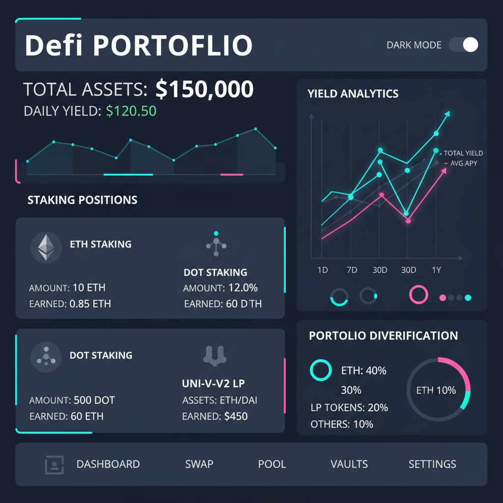 DeFi portfolio dashboard, multiple staking positions, yield charts, analytics overview, dark mode