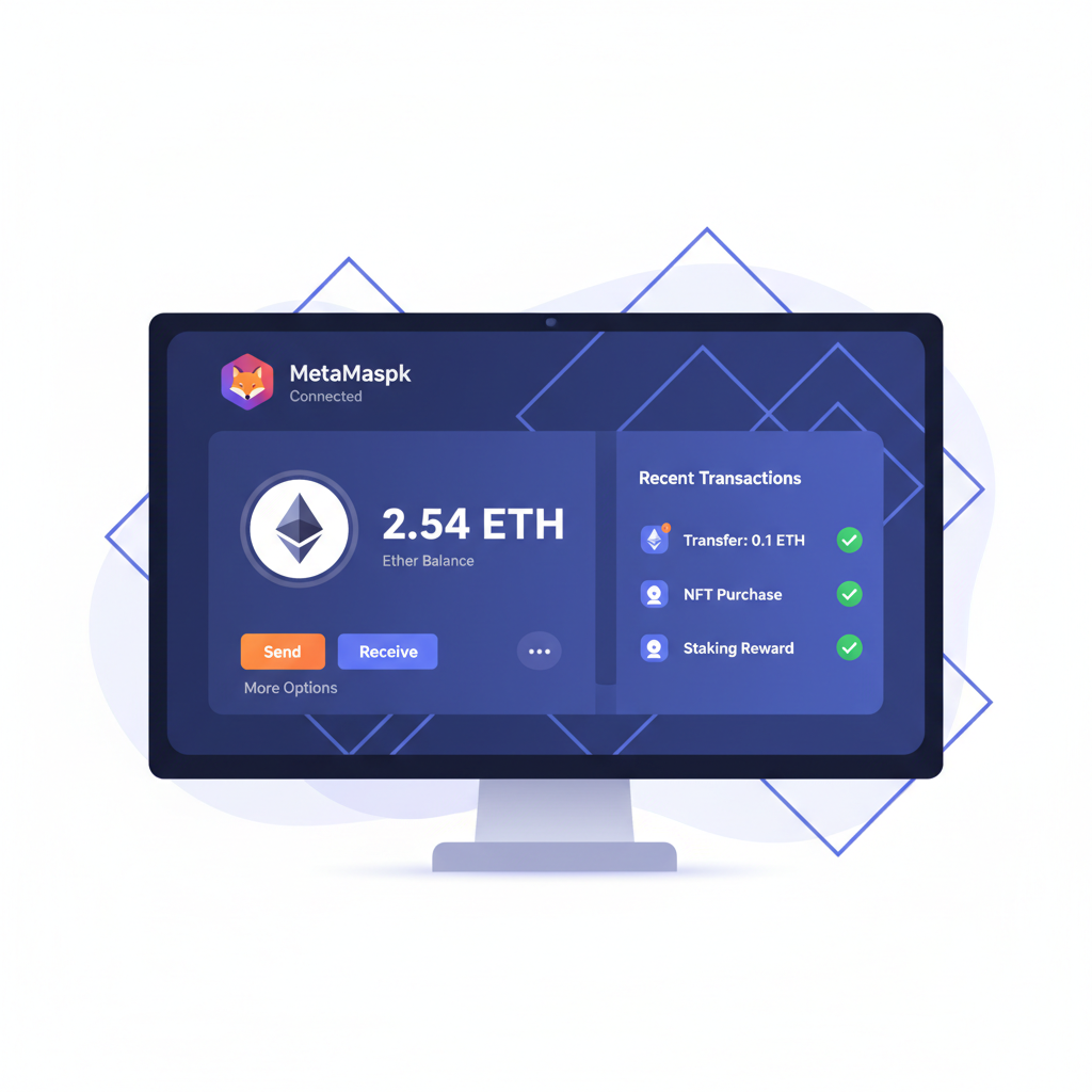 sleek ethereum wallet interface on desktop, metaMask connected, ETH balance visible, futuristic UI, clean design