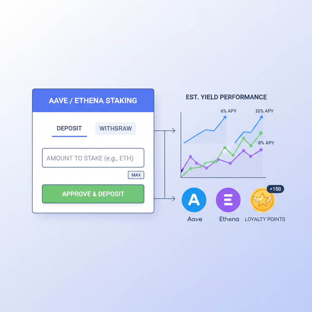 Aave or Ethena staking dashboard, deposit interface, yield graphs rising, tokenized loyalty points icons