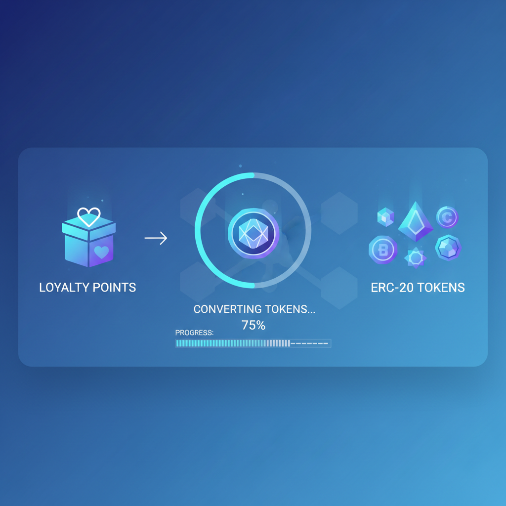 tokenization process screen, loyalty points converting to ERC-20 tokens, progress bar, glowing digital assets