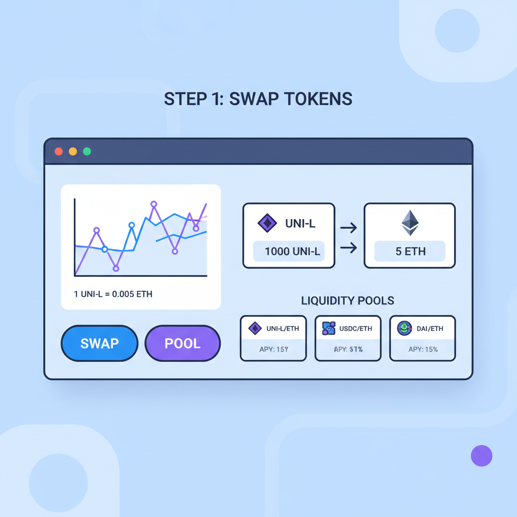 Uniswap DEX trading interface, loyalty token swap, liquidity pools visible, charts and buttons active