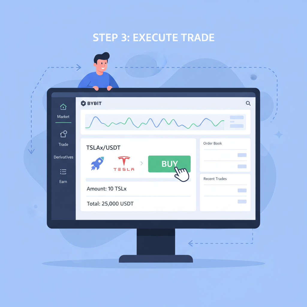 crypto trader buying TSLAx tokenized stock on Bybit exchange interface, modern trading dashboard