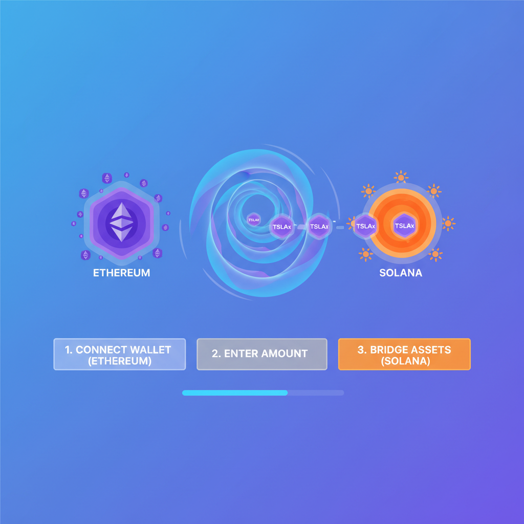 Wormhole bridge interface transferring TSLAx tokens from Ethereum to Solana blockchain, glowing portal animation