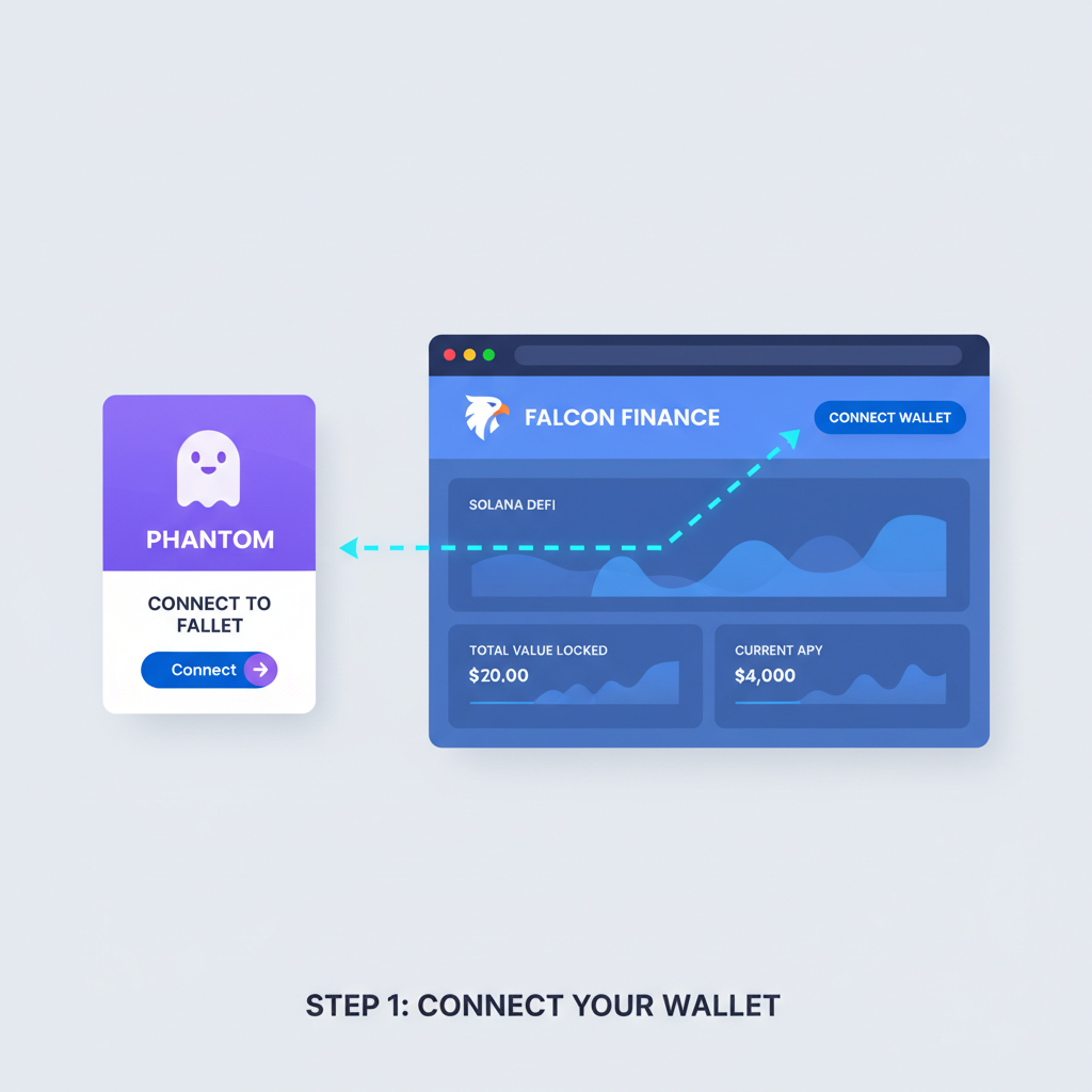 Phantom wallet connecting to Falcon Finance web dashboard, Solana DeFi interface with connect button