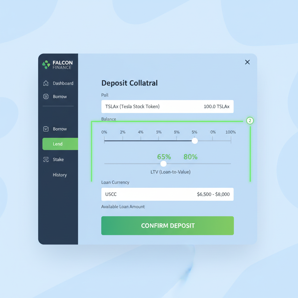 Falcon Finance dashboard depositing TSLAx collateral, selecting 65-80% LTV slider, professional DeFi UI
