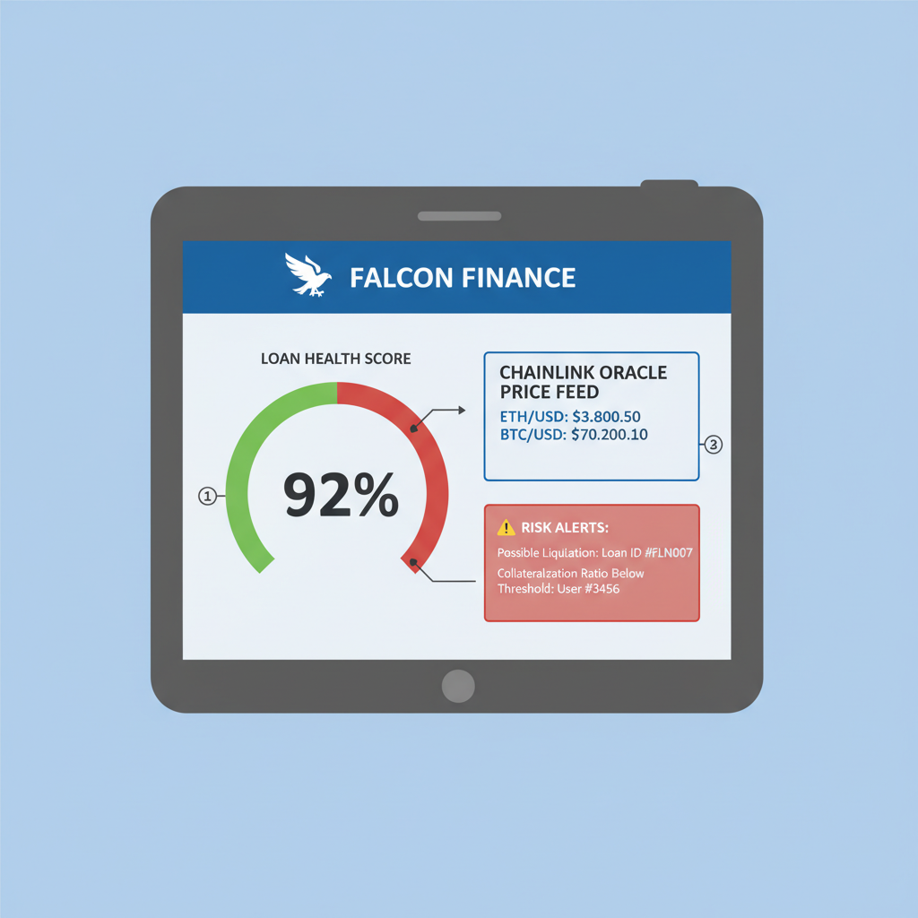 Falcon Finance monitoring dashboard showing loan health score, Chainlink oracle price feed, risk alerts