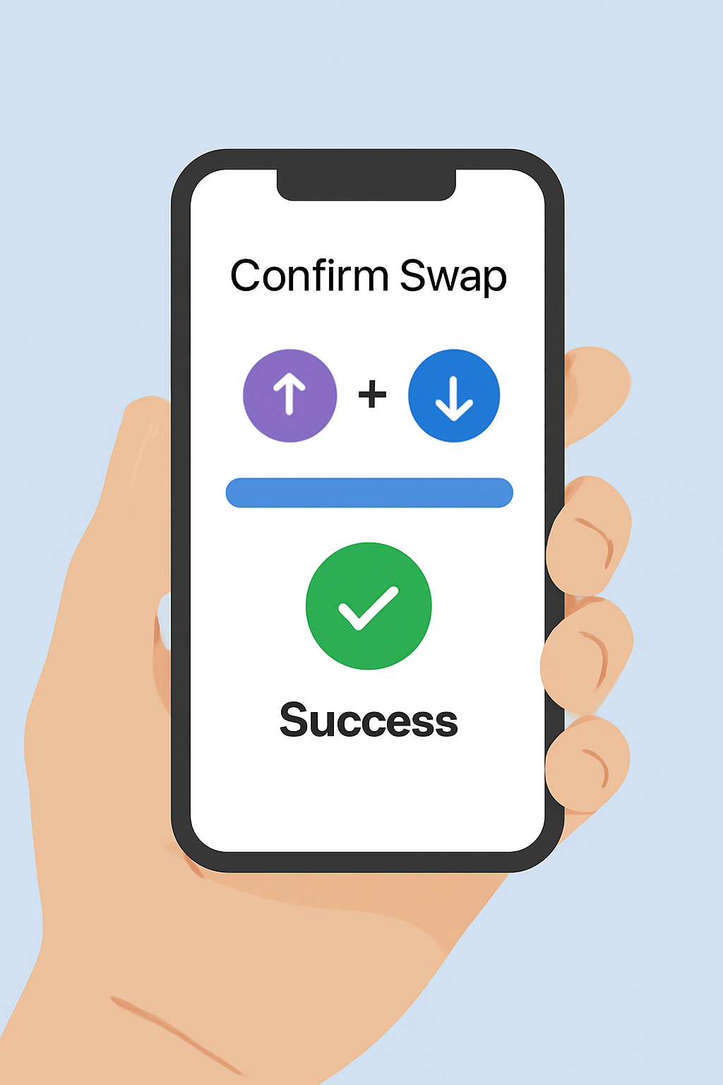 A user confirming a swap transaction on their phone, with a progress bar and a success checkmark appearing.