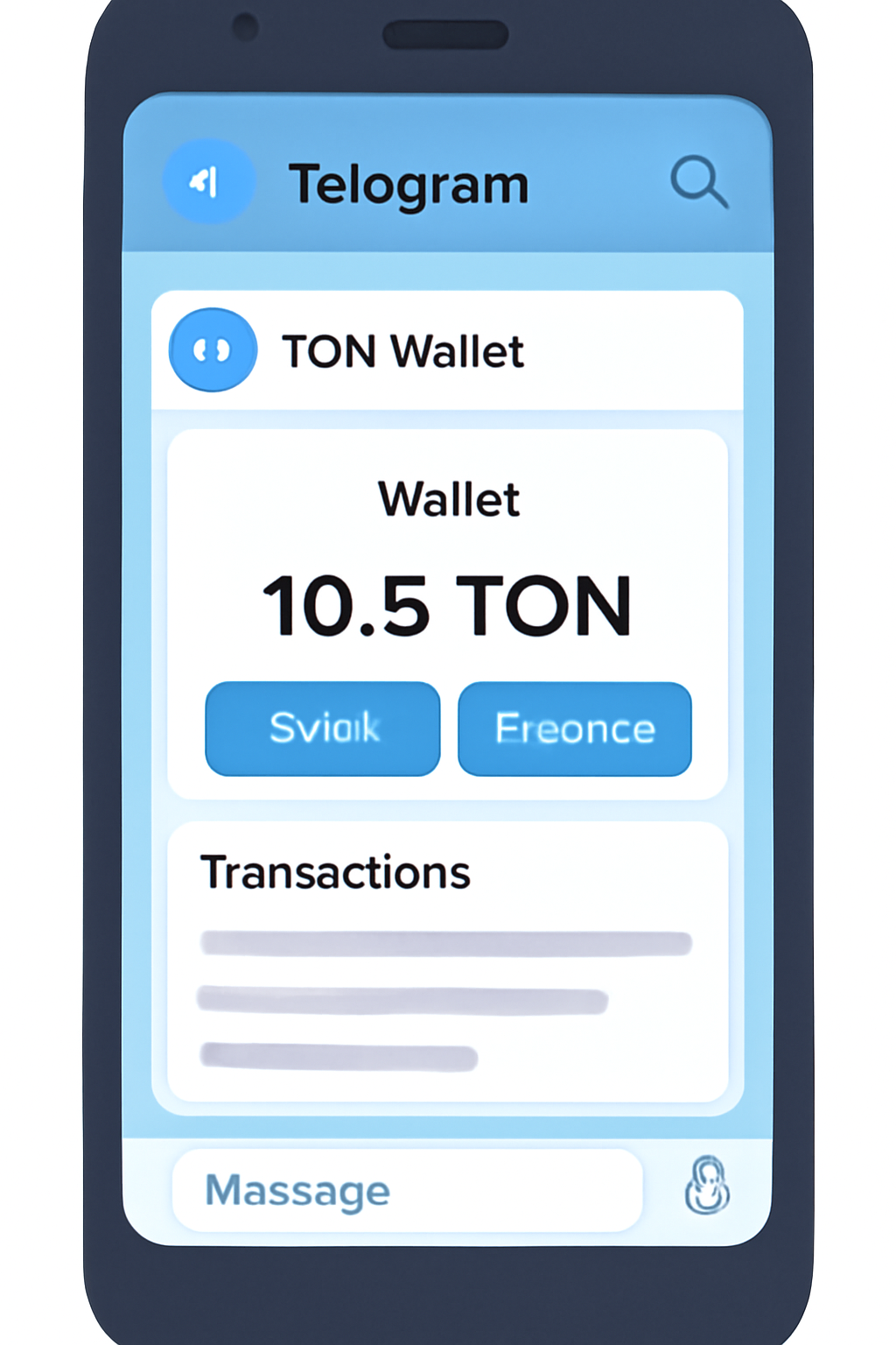 A smartphone screen displaying the Telegram app open to the TON Wallet interface, with a focus on the wallet dashboard inside a chat window.
