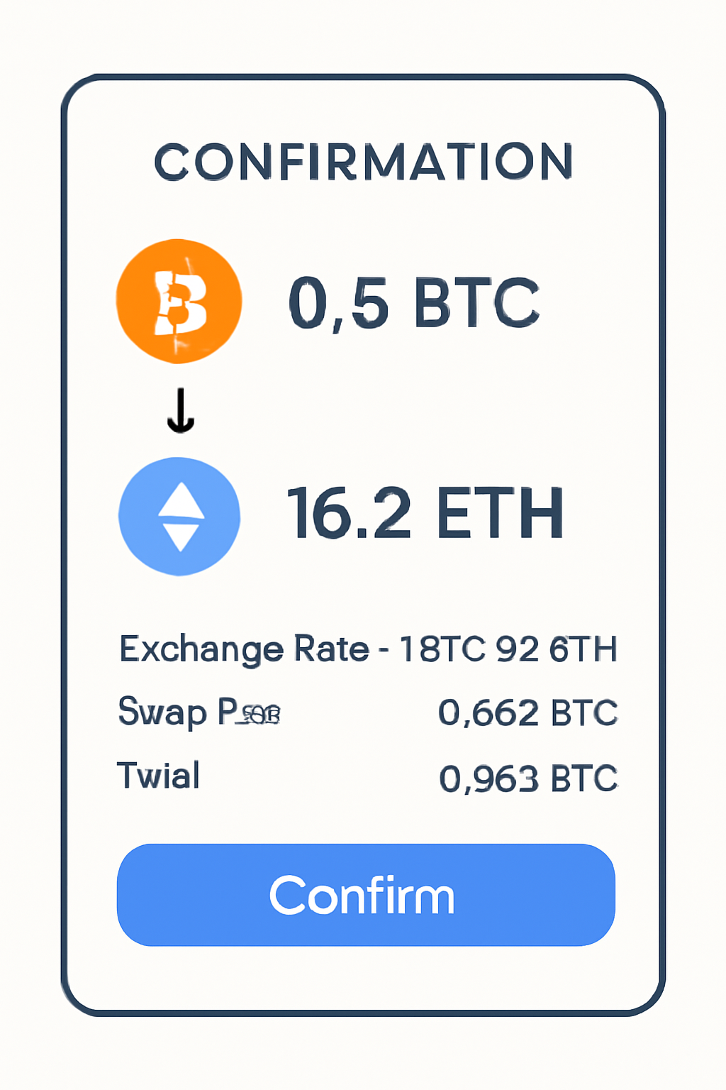 A confirmation screen showing token amounts, exchange rate, and swap fee details in a wallet app.