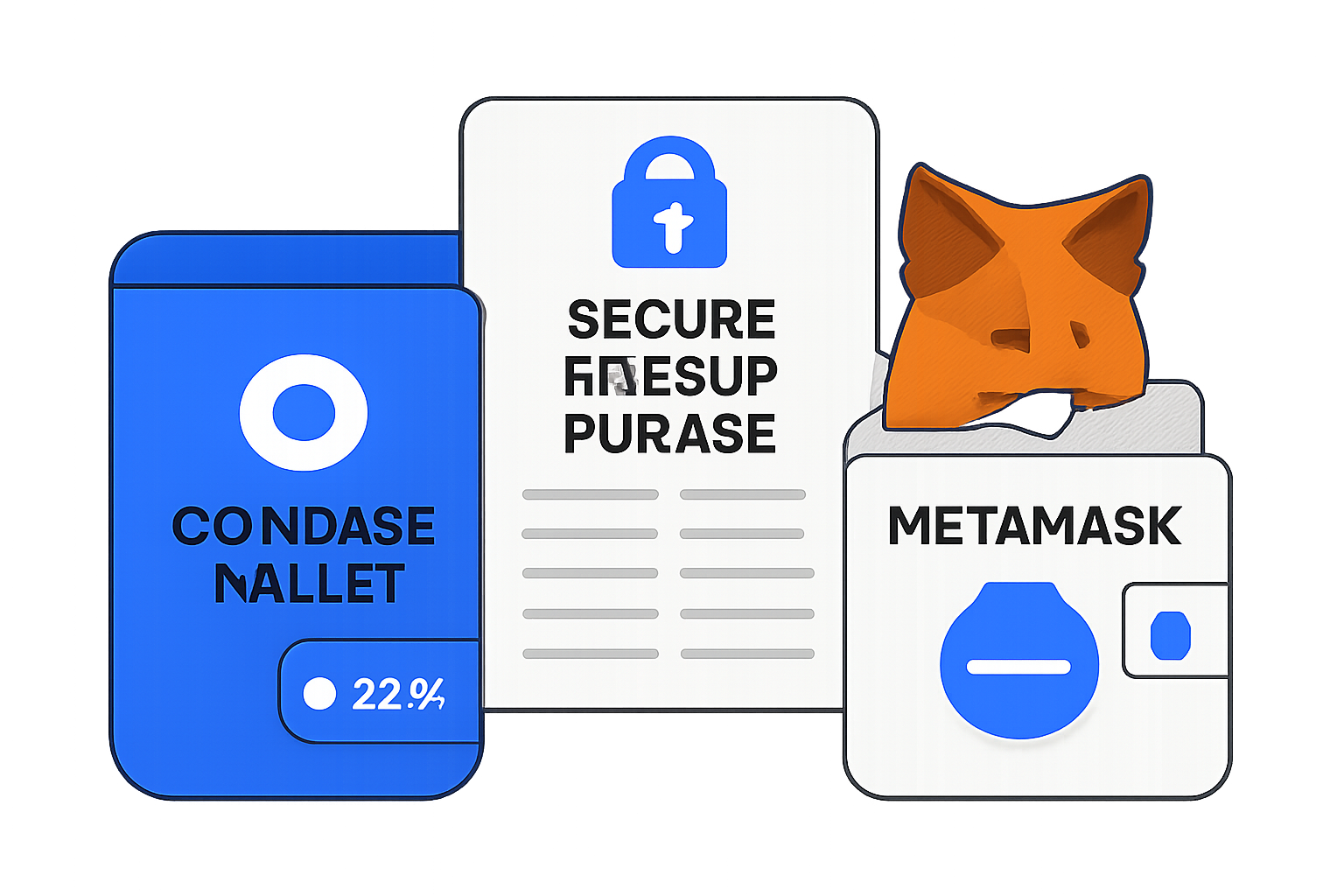 A selection of crypto wallets (Coinbase Wallet, MetaMask) with the Base logo, highlighting a secure backup phrase.