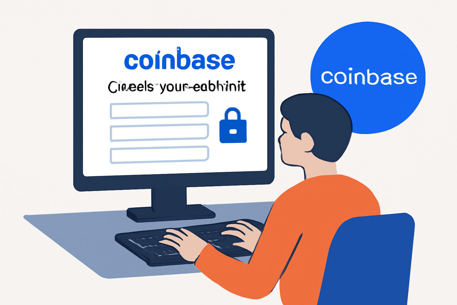 A person sitting at a computer, creating a Coinbase account, with a secure lock symbol and Coinbase logo visible.