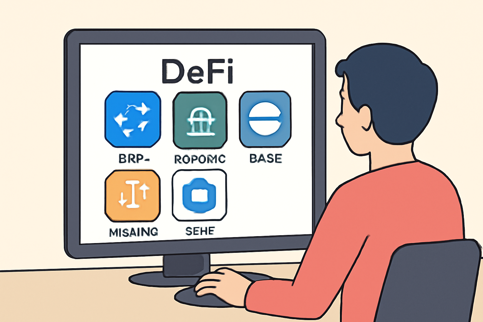 A user browsing various DeFi apps on a computer screen, with icons for DEXs, lending, and farming, and the Base logo displayed.