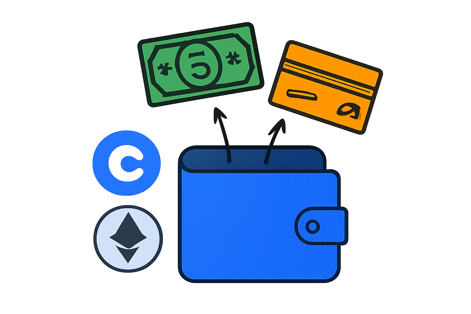 A digital wallet being funded with cash and a credit card, with the Coinbase logo and ETH symbol displayed.