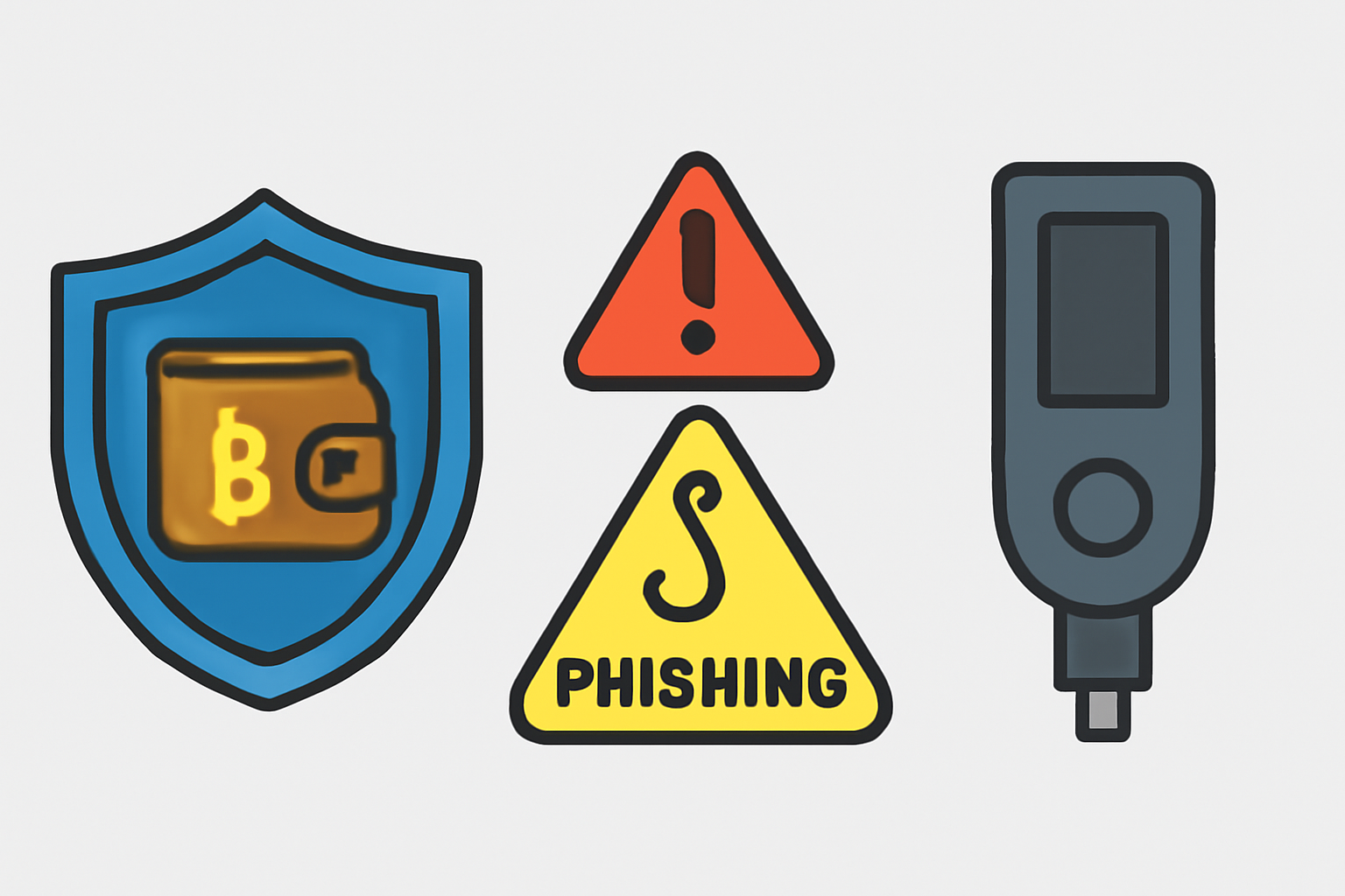 A shield protecting a crypto wallet, warning signs for phishing, and a hardware wallet illustration.