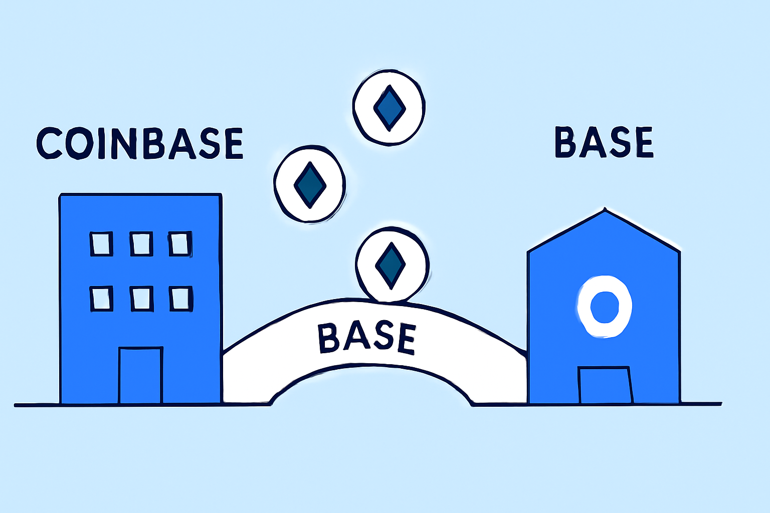 A seamless transfer animation from Coinbase to the Base network, with ETH tokens moving across a bridge labeled 'Base'.