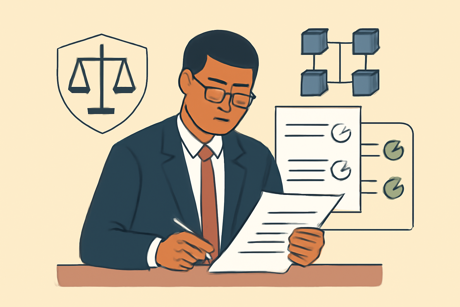 A lawyer reviewing documents with digital checkmarks and a blockchain symbol in the background.