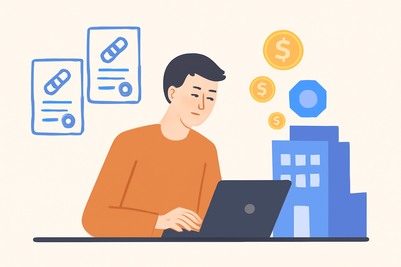 A developer coding on a laptop, with floating smart contract icons and digital tokens emerging from a building.