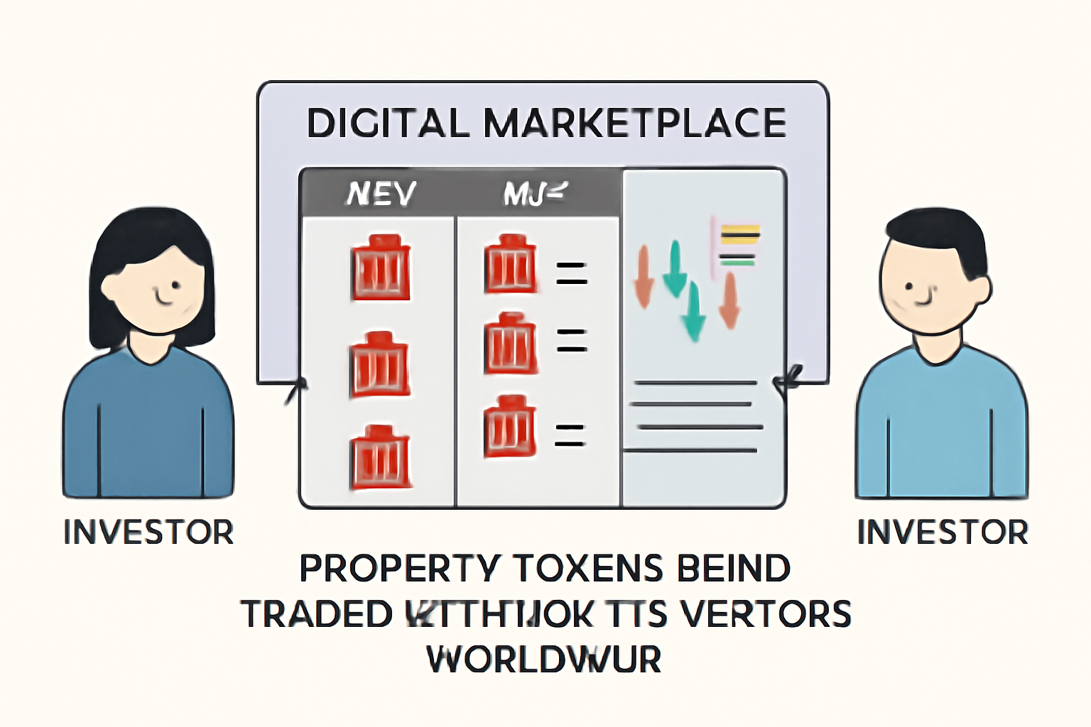 A digital marketplace interface showing property tokens being traded between investors worldwide.