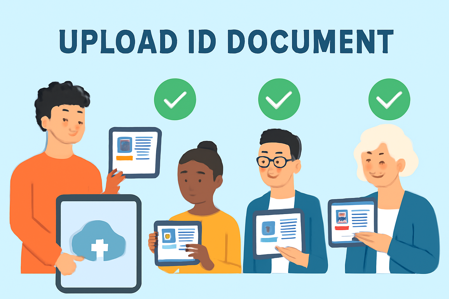 A diverse group of investors uploading ID documents on a digital platform with verification icons.