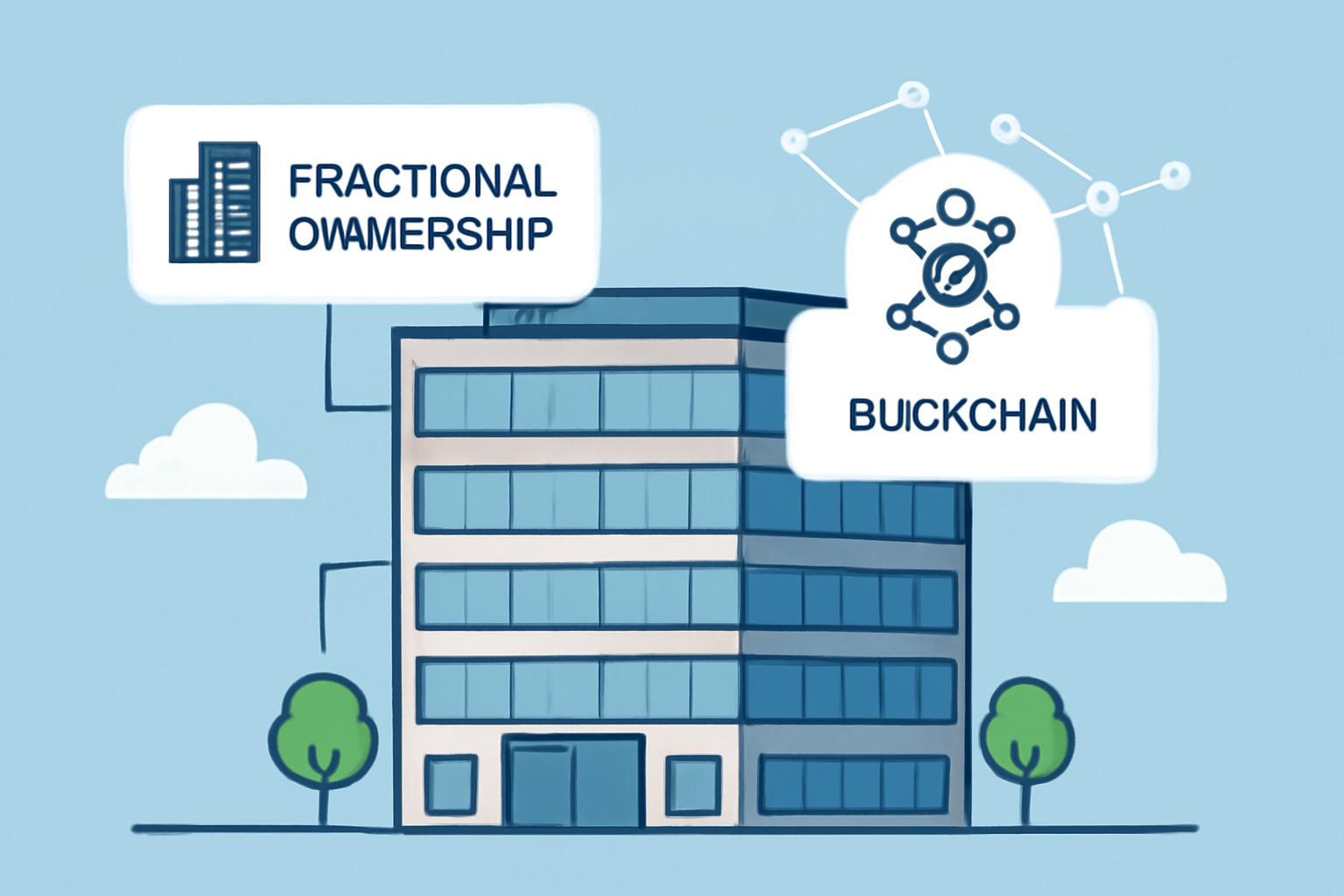 A modern office building with digital overlays showing fractional ownership and a blockchain network connection.