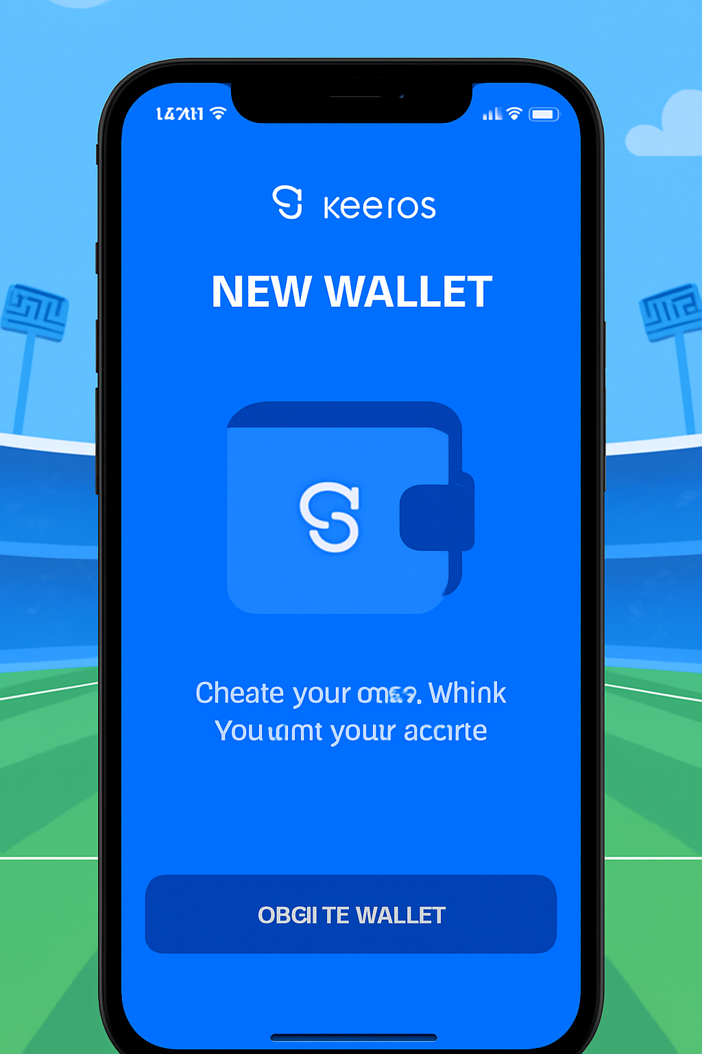 smartphone screen with Socios app open showing new wallet creation, football stadium background, vibrant blues