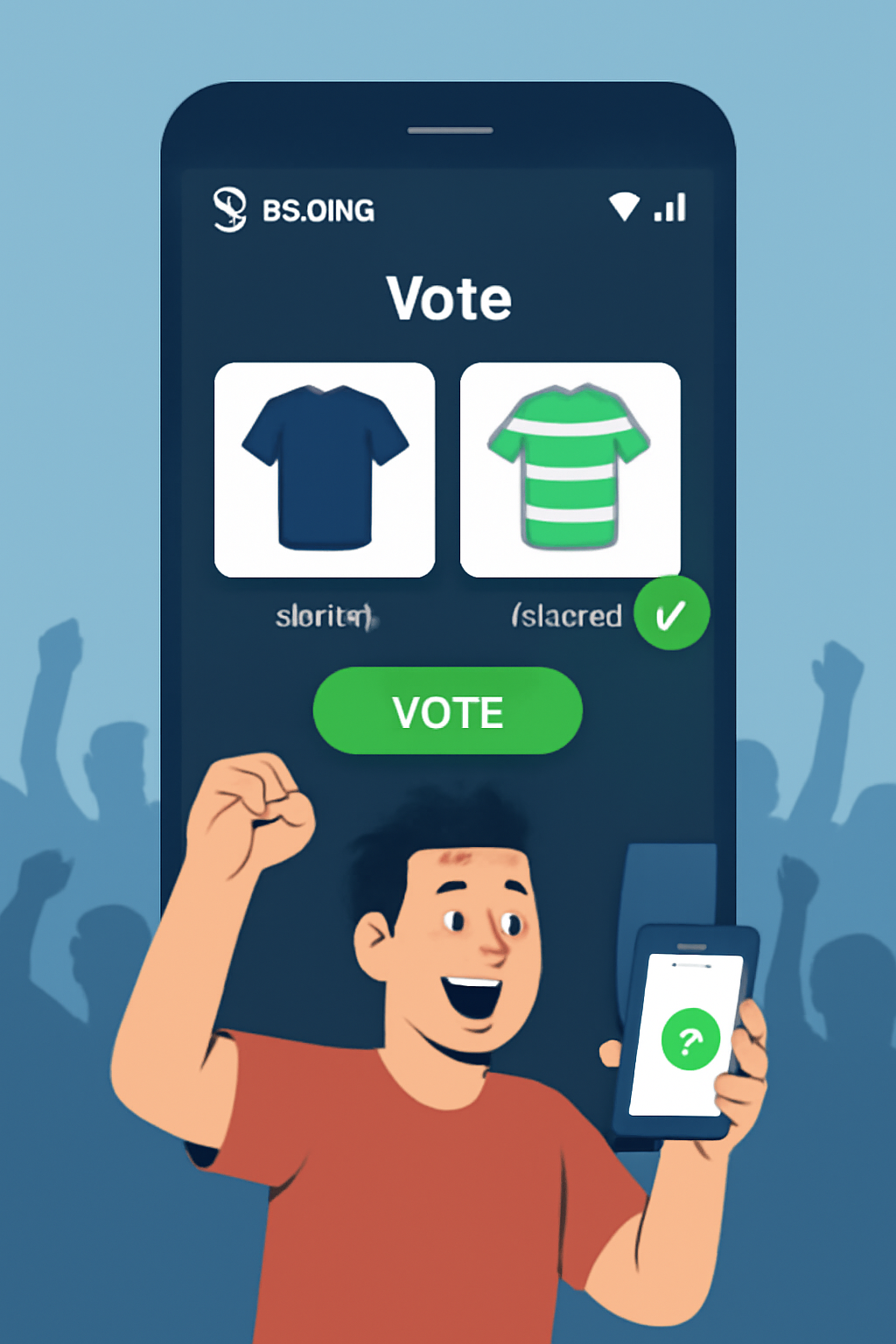 Socios app poll voting interface with football fan voting on team jersey, excited crowd
