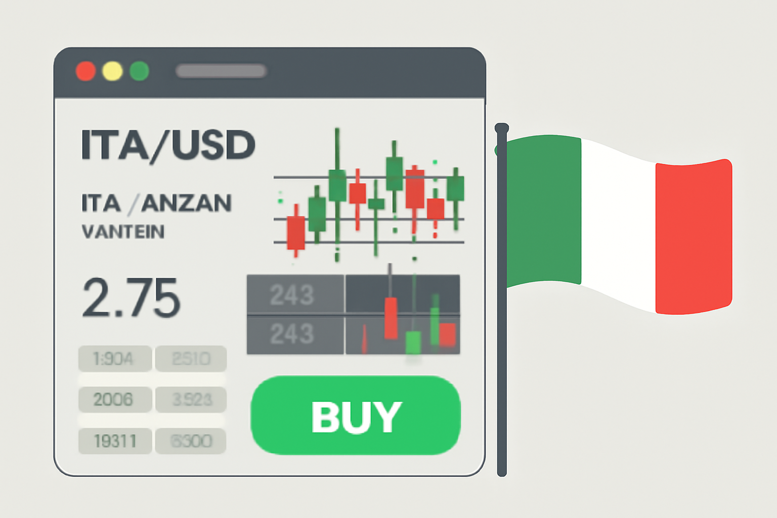 exchange trading screen buying ITA fan token, Italian flag waving, green buy button glowing