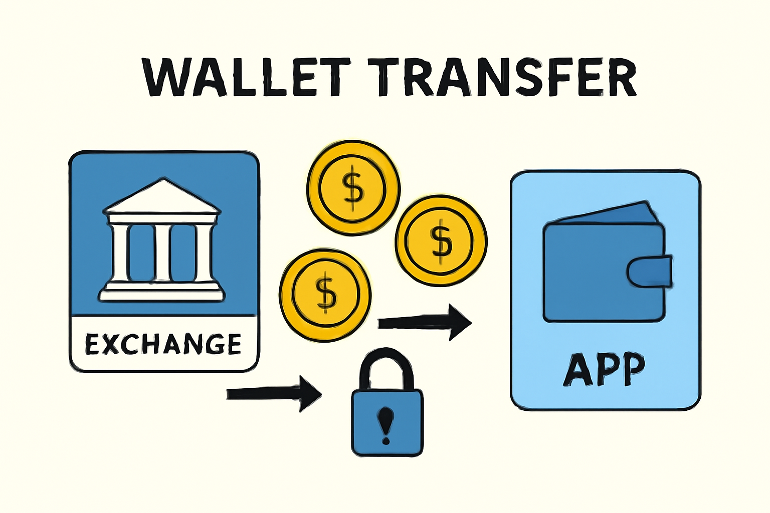 wallet transfer screen showing tokens moving from exchange to app, secure lock icon