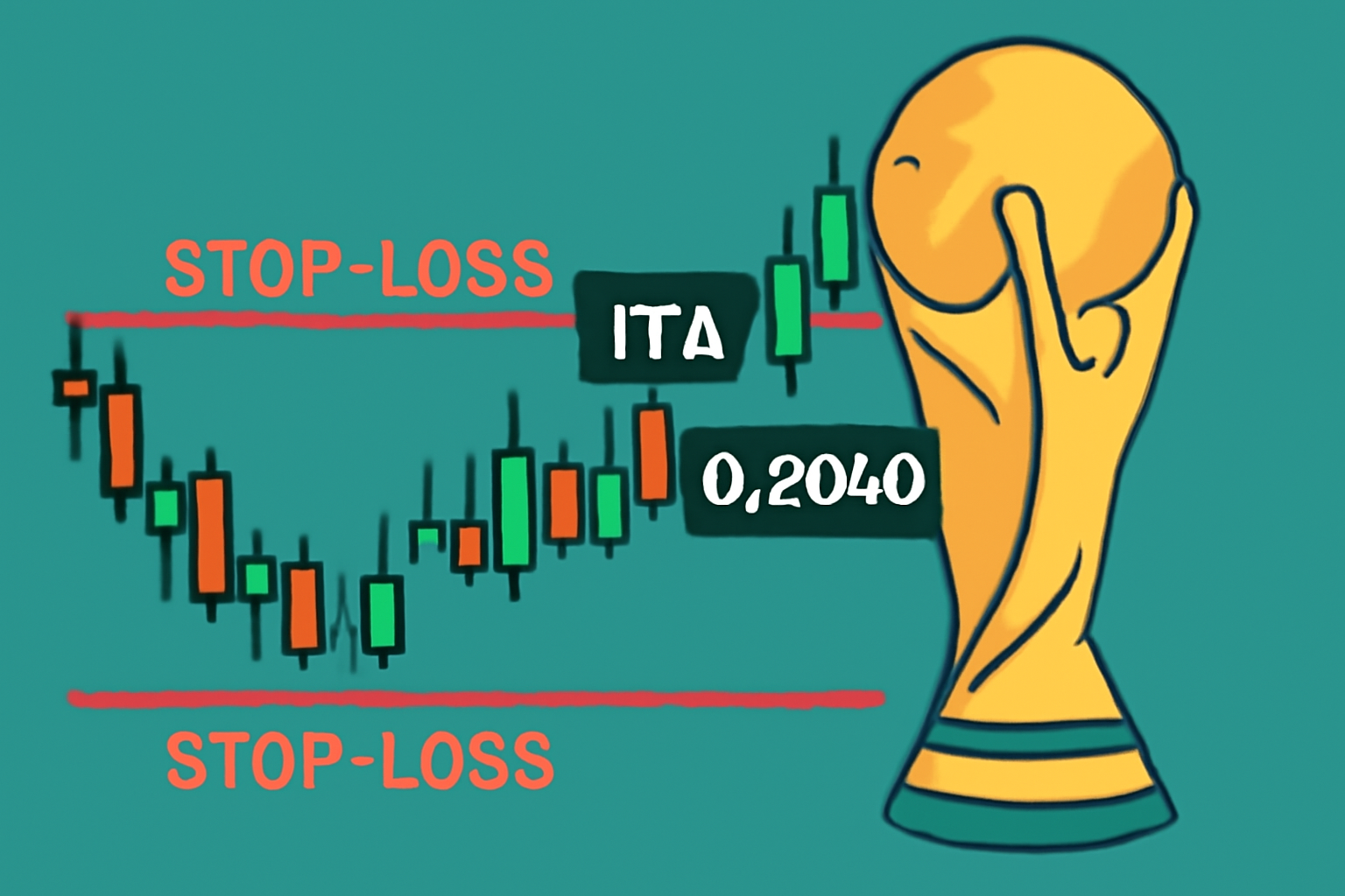 trading chart with stop-loss lines on ITA price at $0.2040, World Cup trophy in bg