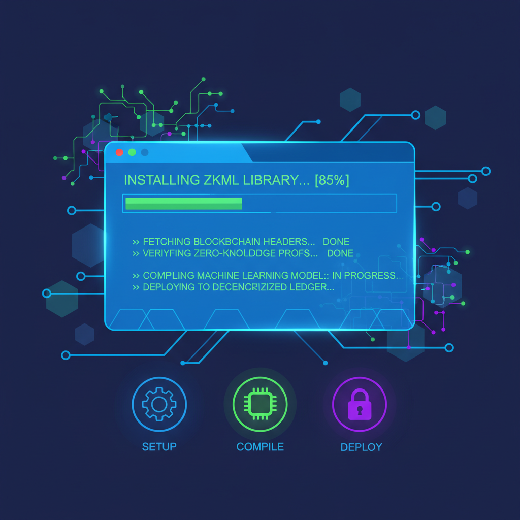 vibrant futuristic terminal installing zkML library on blockchain network, neon blues and greens