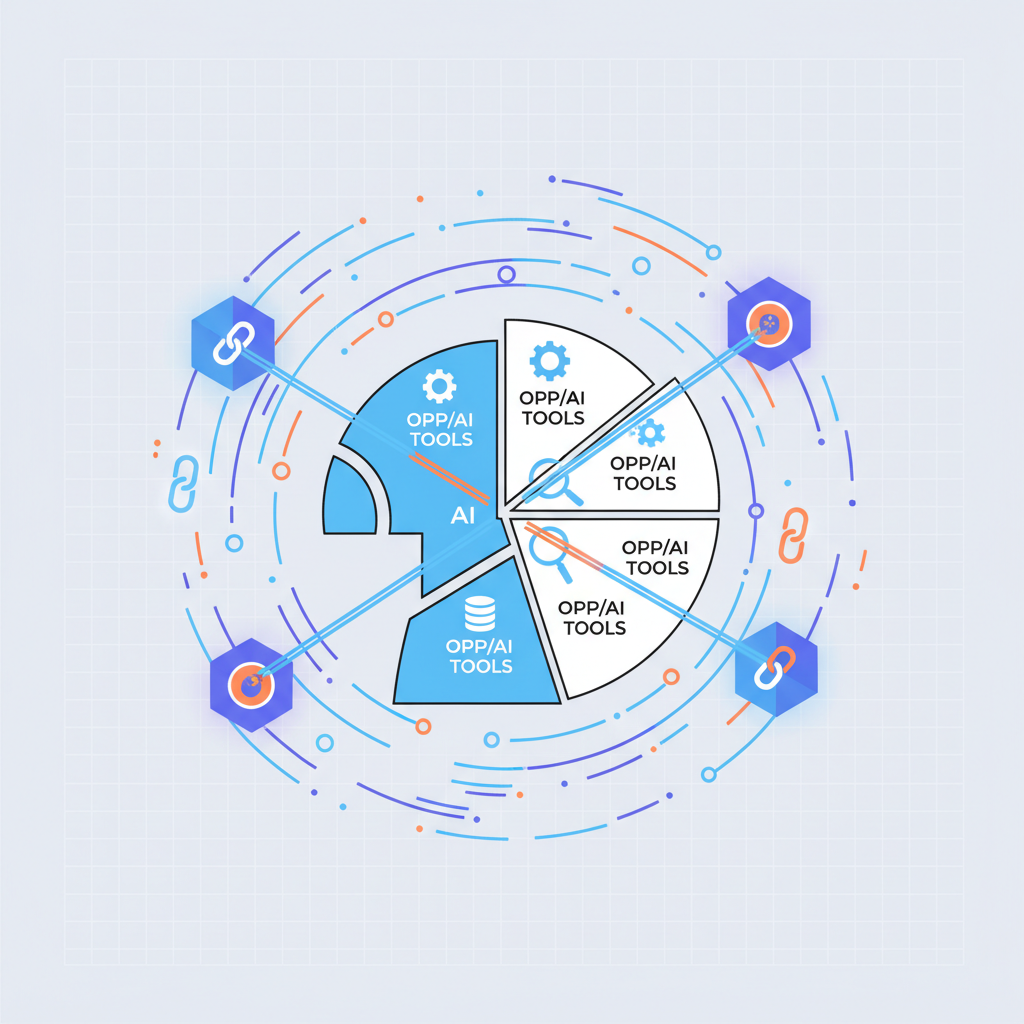 AI model being sliced into partitions with opp/ai tools, glowing blockchain nodes, dynamic energy