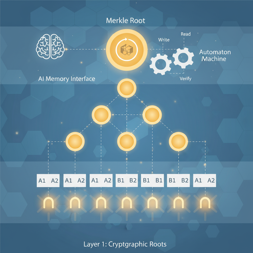 Merkle tree automaton structure for AI memory on blockchain, cryptographic roots glowing golden