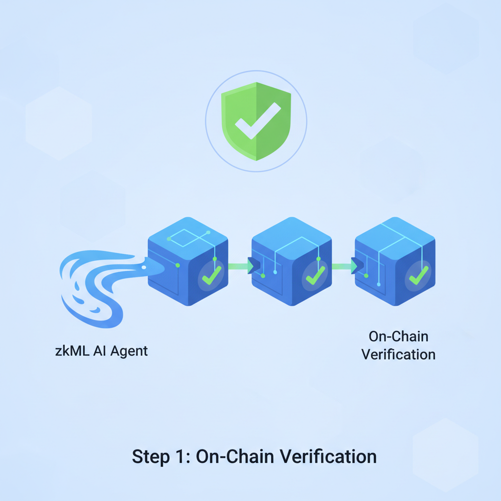 on-chain verification of zkML AI agent, blockchain blocks lighting up green checkmarks