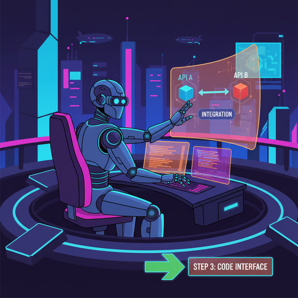 futuristic AI robot coding API integration in neon-lit arena, cyberpunk style