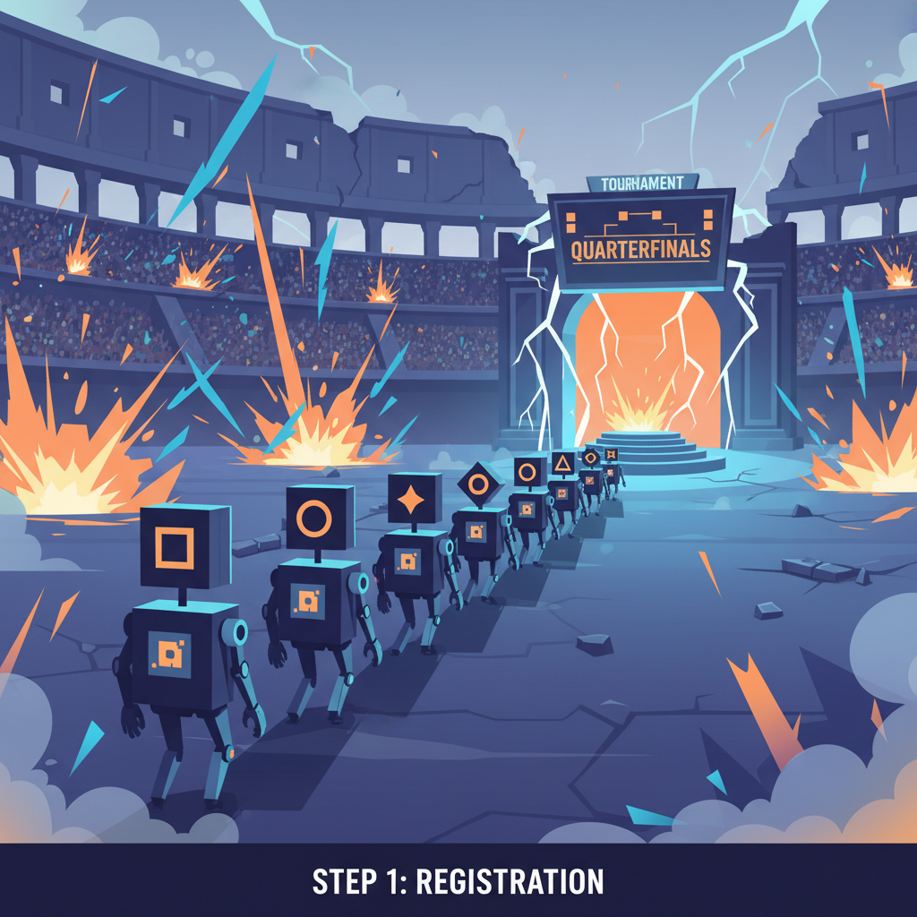 AI agents queuing for tournament in explosive arena coliseum, dramatic lighting