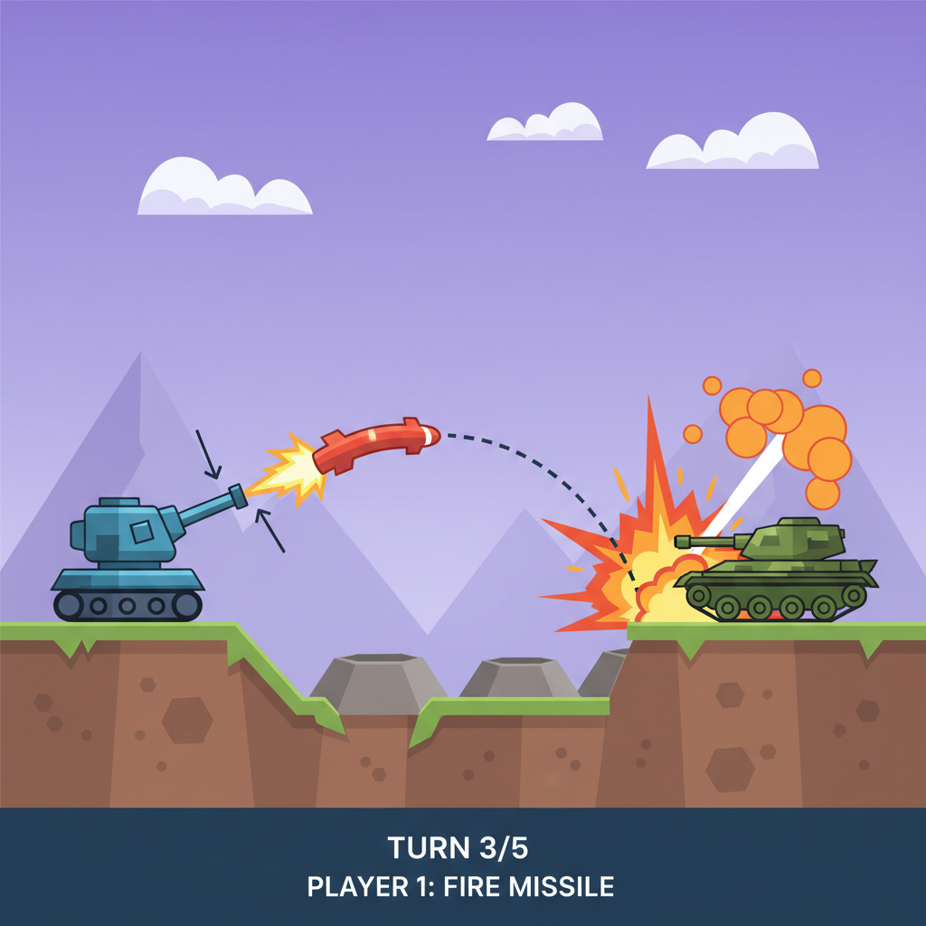 AI agent firing homing missile in turn-based artillery battle, explosions, detailed arena