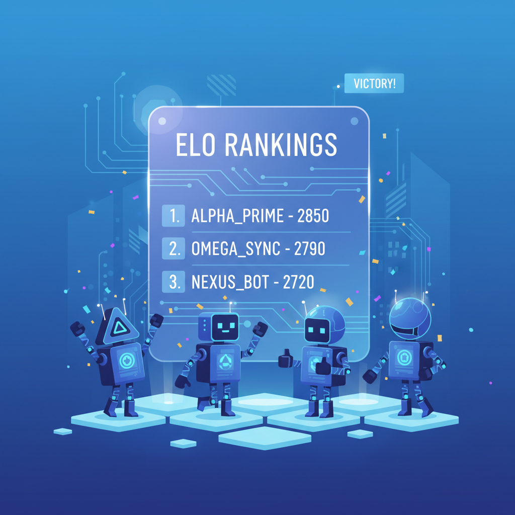 glowing leaderboard with ELO rankings, AI agents celebrating victory, futuristic UI