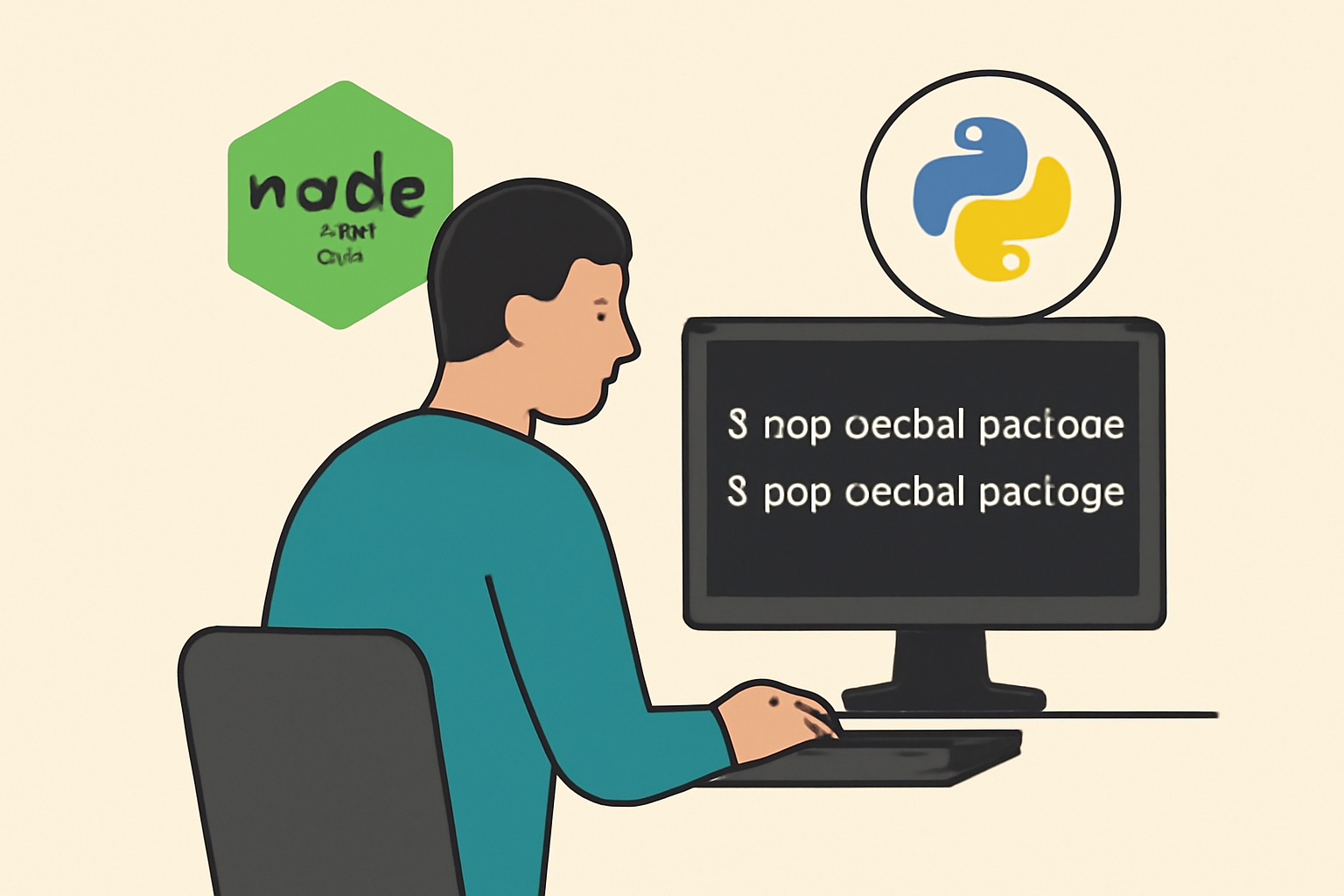 A developer running terminal commands to install npm and pip packages, with Node.js and Python logos visible.