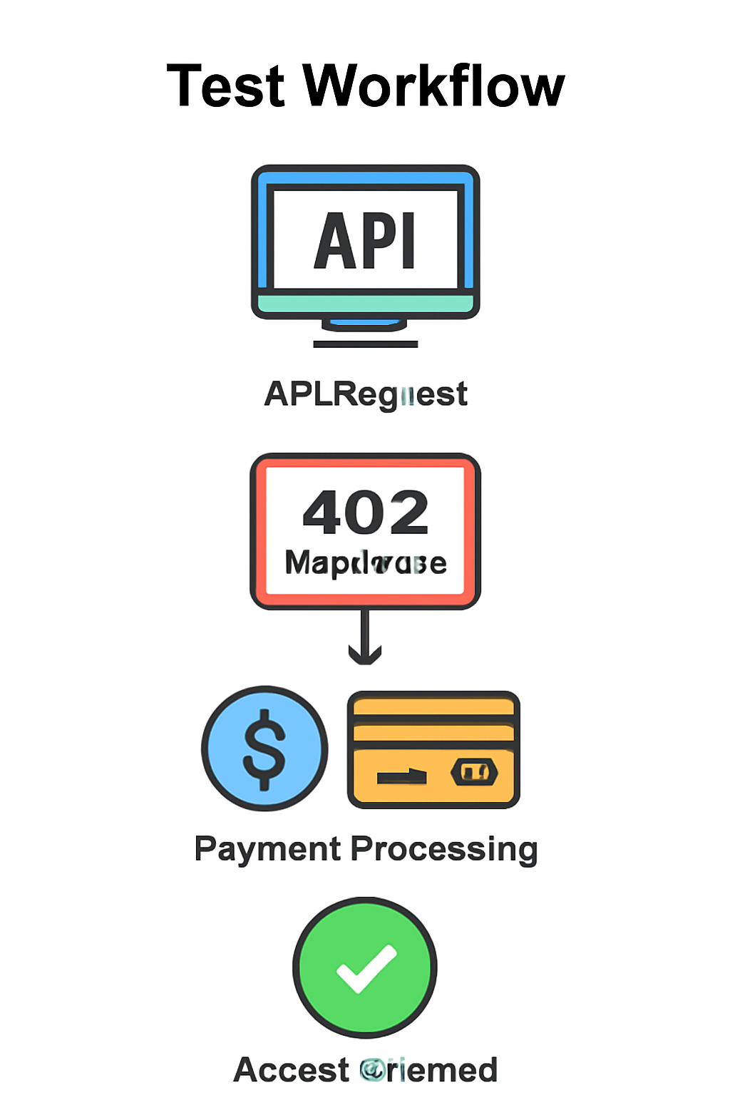 A test workflow diagram showing an API request, a 402 response, payment processing, and a successful access granted message.