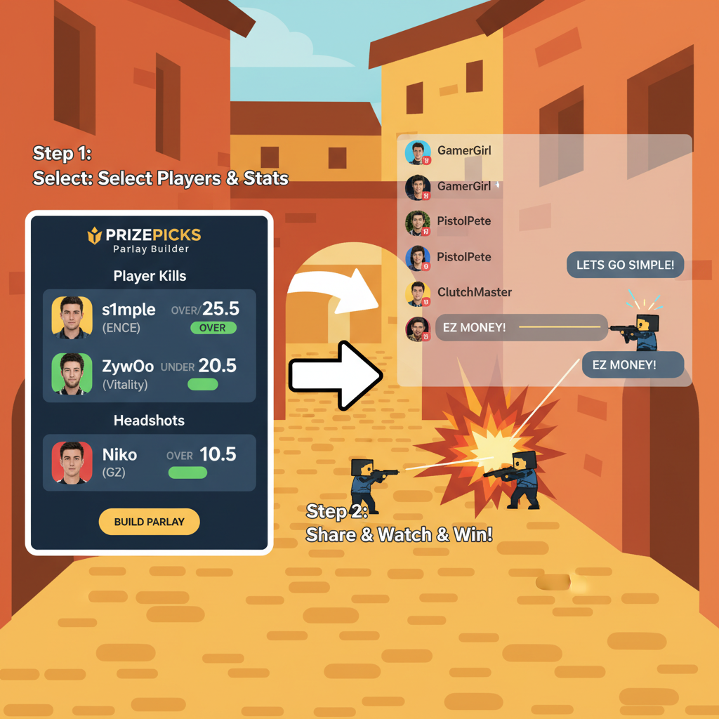 PrizePicks parlay builder on CS2 map like Inferno, Discord chat overlay, vibrant esports action