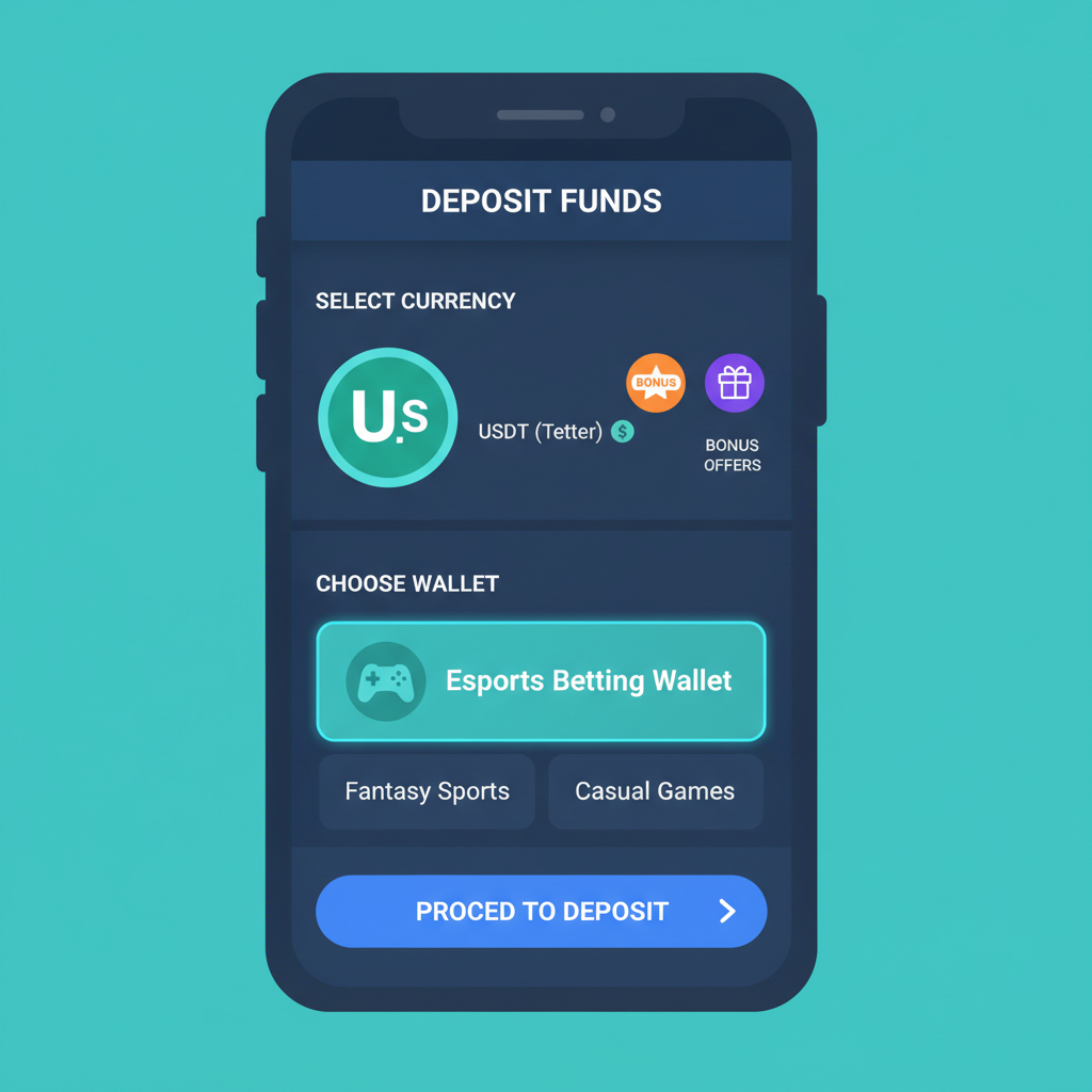 Crypto deposit screen on PrizePicks app with USDT, bonus icons, esports betting wallet glow