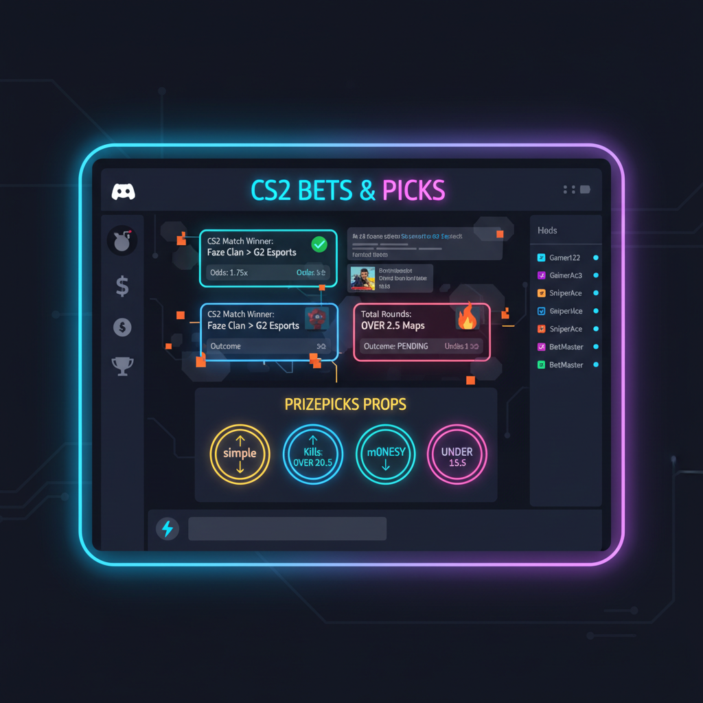 Discord server screen with CS2 betting slips and PrizePicks props, neon esports glow, tactical vibe