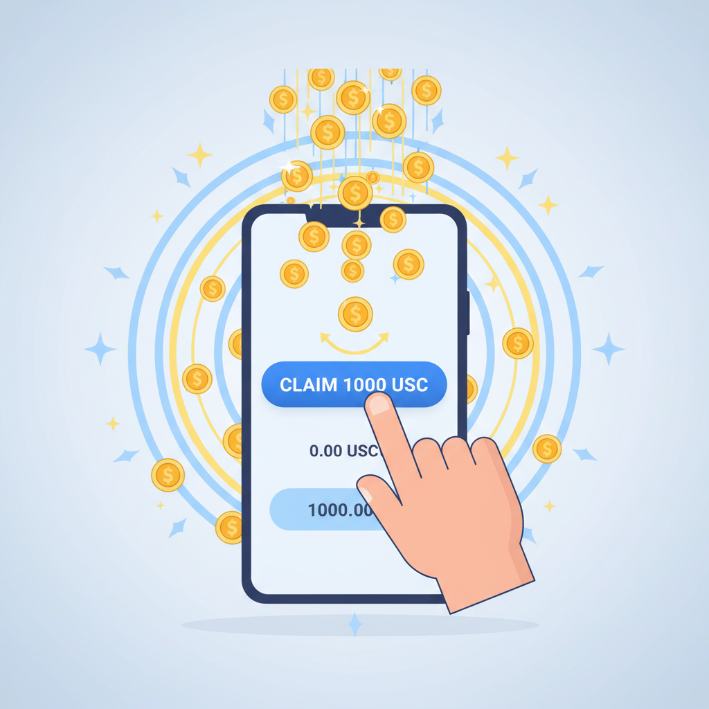 user claiming USDC coins on app, golden tokens raining, success animation