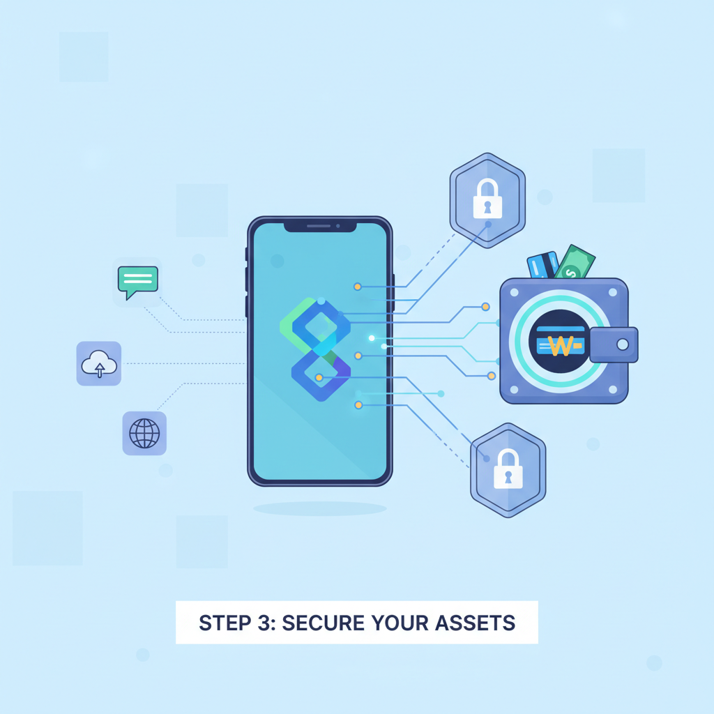 phone connecting data streams to wallet vault, privacy shields, icons of apps